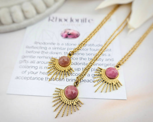 Gold Sunburst Rhodonite Necklace- Compassion, Self Love, Self-Acceptance, Self-Worth