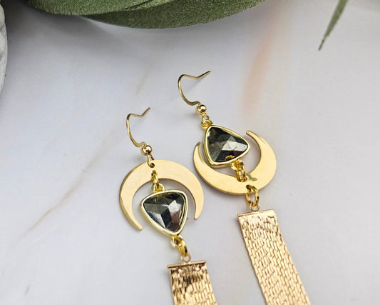 Gold Mismatched Pyrite Moon Tassel Earrings- Manifesting, Abundance, Wealth, Prosperity