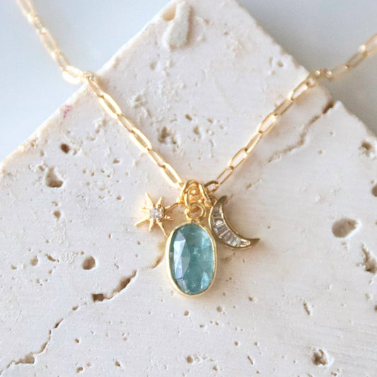 Blue Kyanite CZ Moon + Star Charm Gold Necklace- Enhances Communication, Truth, Honesty, Intuition