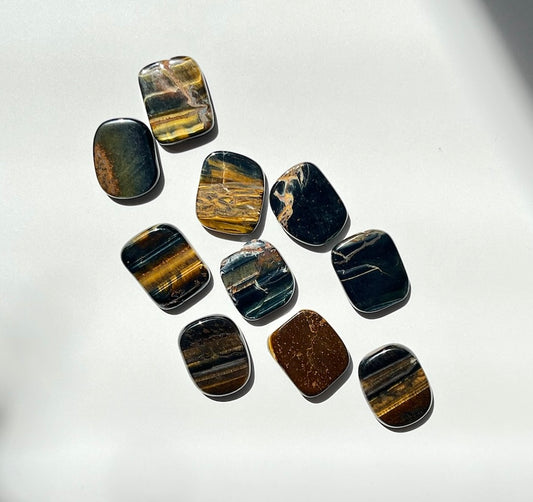 Blue Tigers Eye Mini Flats- Calming, Third Eye Opener, Fiery Confidence, Protection