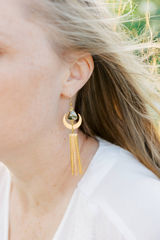 Gold Mismatched Pyrite Moon Tassel Earrings- Manifesting, Abundance, Wealth, Prosperity