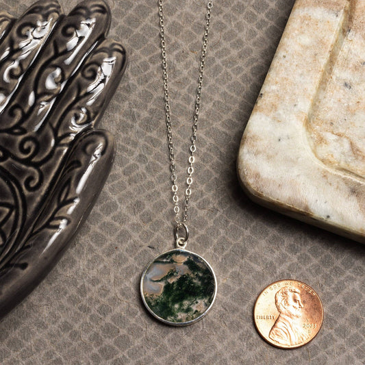 Moss Agate Round Circle Pendant Necklace- Sterling Silver Cable Chain