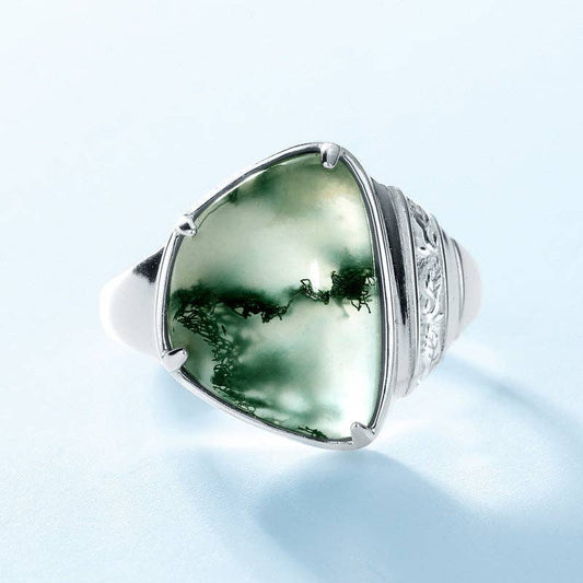 Silver Moss Agate Ring - New Beginnings, Attracting Abundance, Growth, Immune Boosting, Anti-Inflammatory