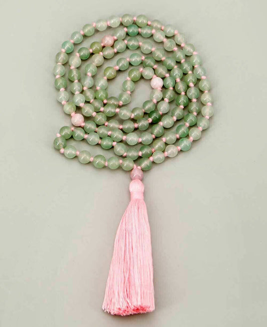 Green Aventurine and Rose Quartz Meditation Mala (108 Beads)- Prosperity, Growth, Compassion, Healing