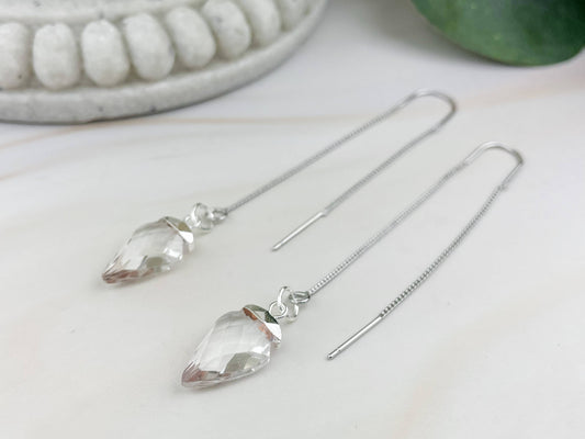 Silver Clear Quartz Arrowhead Threader Earrings- Amplifies Energy + Raises Vibration