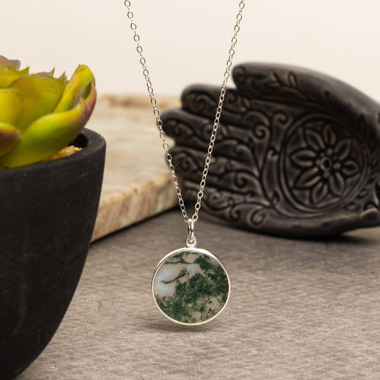 Moss Agate Round Circle Pendant Necklace- Sterling Silver Cable Chain