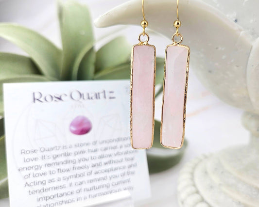 Rose Quartz Gold Bar Earrings- Heart Healing, Attracting Love, Self Love, Heart Chakra
