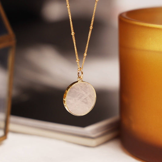 Rose Quartz Round Disc Gold Necklace