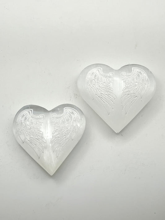Angel Wing Etched Selenite Heart Carvings- Cleansing, Clearing + Angelic Connection