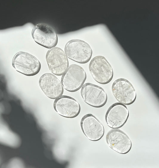 Clear Quartz Flat Smooth Palm Stone- Mental Clarity, Amplifies Intention, Raises Vibration, Master Healer