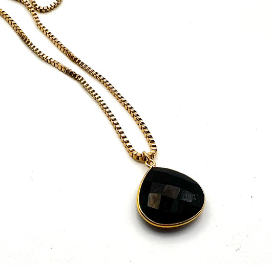Black Onyx Faceted Tear Drop Necklace- Grounding, Protection, Self-Control