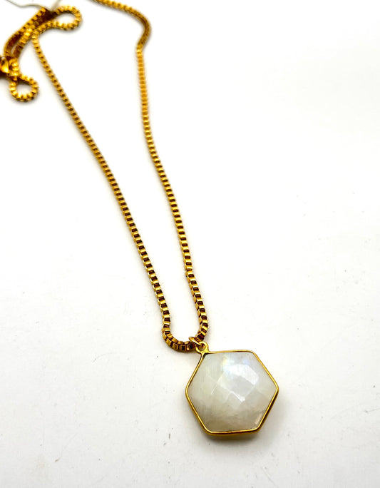 Gold Faceted Hexagon Moonstone Necklace- Manifesting, Divine Feminine, Inner Growth, Strength, Intuition, Inspiration, Good Luck