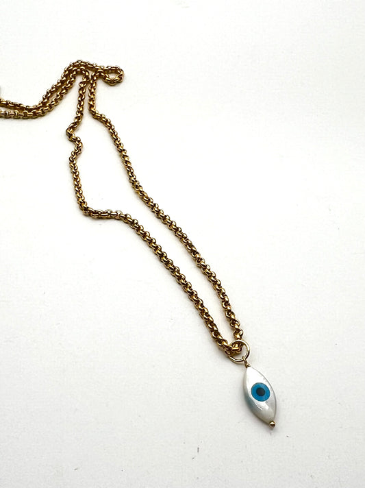 Mother of Pearl  Evil Eye Charm Necklace- Intuition, Clarity, Nurturing, Divine Feminine Energy