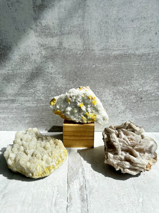 Sicilian Celestite Clusters with Sulphur Inclusions- Spiritual Connection, Transformation, Angelic Energy, Purification