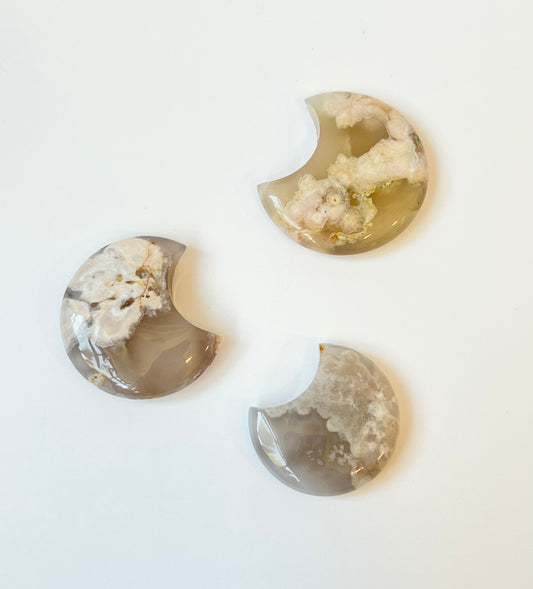 Flower Agate Moon Carvings- Emotional Support, Healing, Self Growth, Motivation, Passion