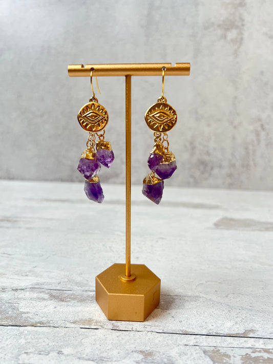 Gold Third Eye Amethyst Earrings - Protection, Serenity, Intuition