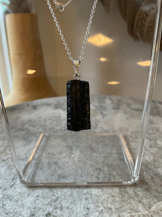 Raw Black Tourmaline Silver Necklace- Protection, Grounding,