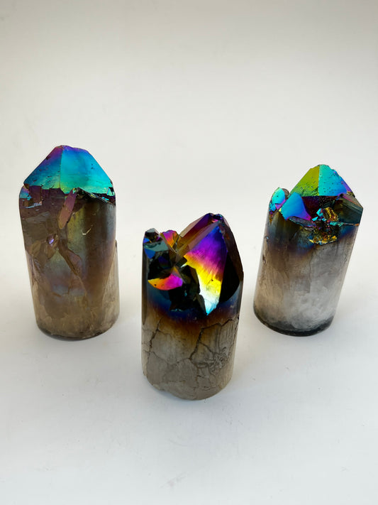 Tall Titanium Aura Quartz Cluster Towers (Polished Base)- Inner Strength, Vitality, Motivation, Transformation