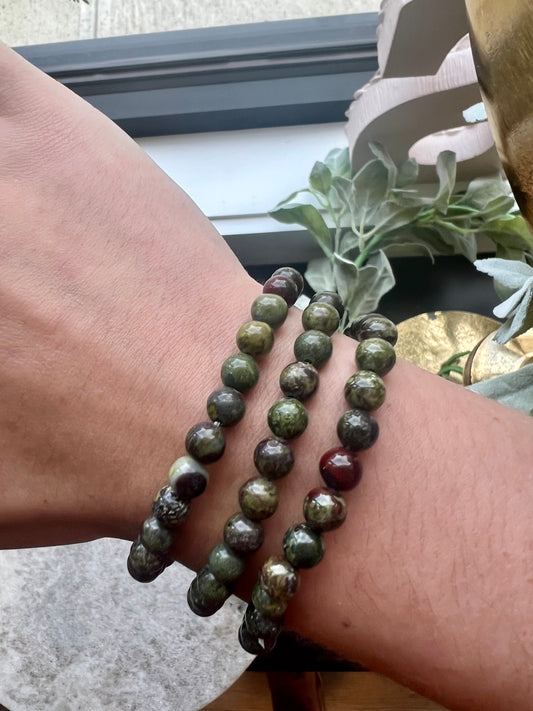 Dragon's Blood Jasper Crystal Bracelet- Protection, Inner Strength, Focus, Resilience, Creativity, and Love