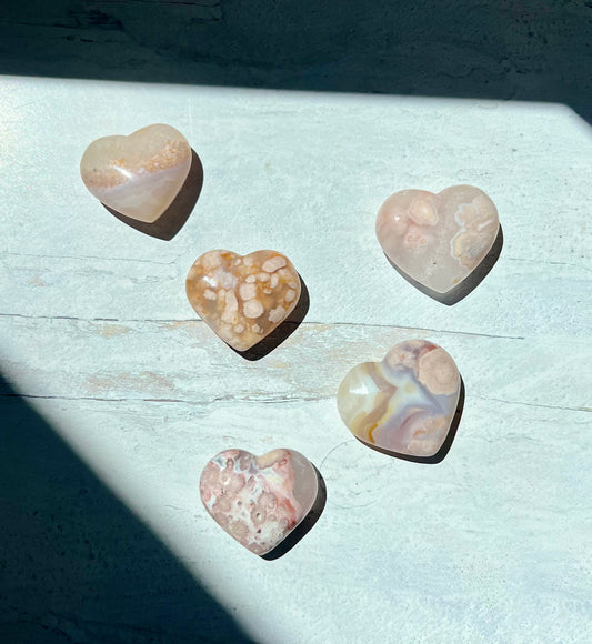 Flower Agate Heart Carvings- Emotional Support, Healing, Self Growth, Motivation, Passion