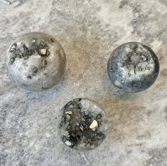 Pyrite in Quartz Druzy Sphere- Abundance, Money Magnet, Protection, Energy Cleansing