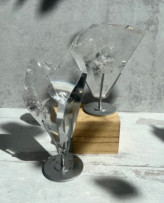 High Quality Brazilian Clear Quartz Free Forms on Stand-Amplifies Energy + Raises Vibration