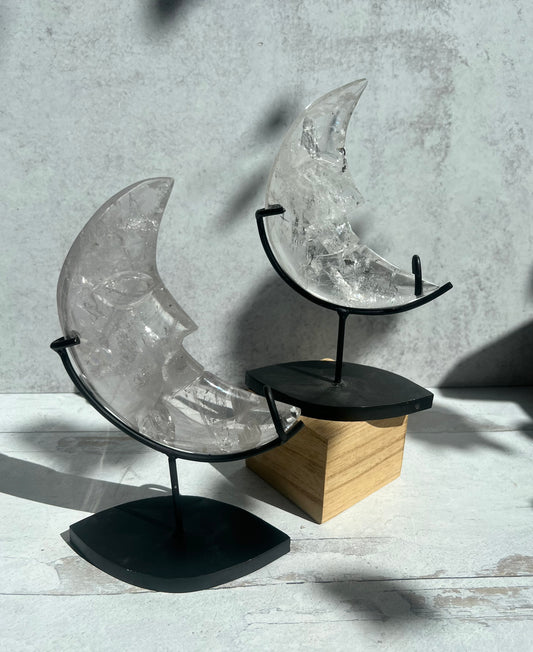 High Quality Quartz Moons with Face on Stand- Amplifies Energy + Raises Vibration