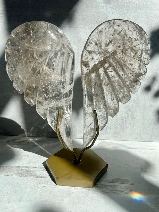 High Quality Clear Quartz Angel Wings on Stand