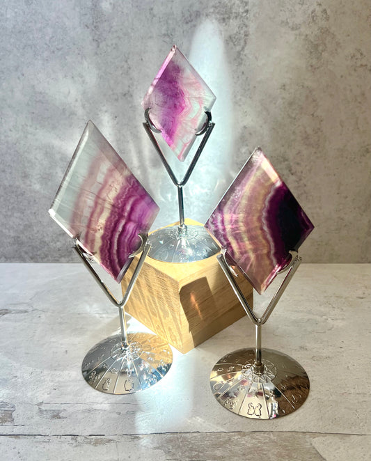 Fluorite Diamonds on Silver Zodiac Stand- Soul's Path, Clearing, Life Path Guidance