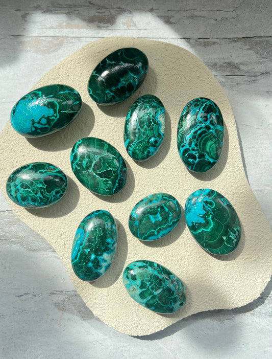 Rare Chrysocolla Malachite Palm Stones- Protection, Boundary Setting, Emotional Healing, Clearing