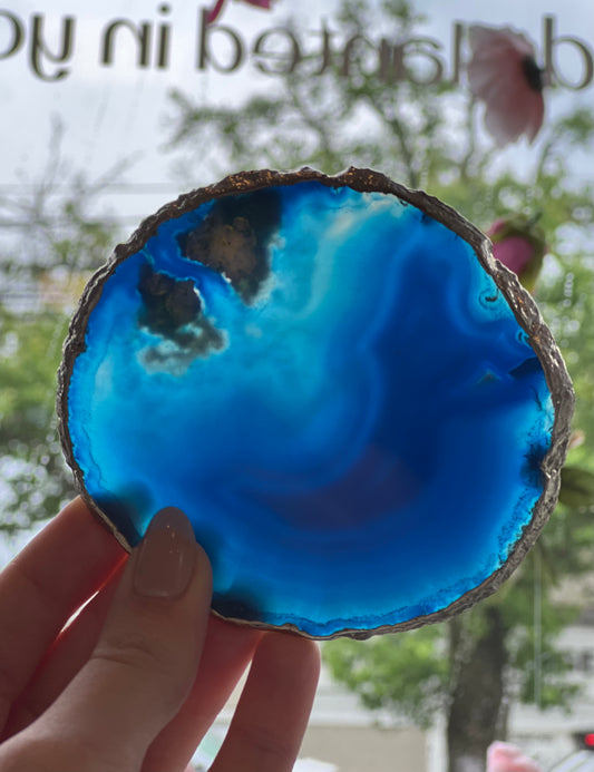 Blue Agate Coaster/Charging Plates with Gold or Silver Trim