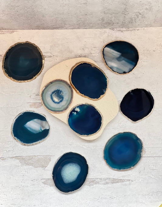 Blue Agate Coaster/Charging Plates with Gold or Silver Trim