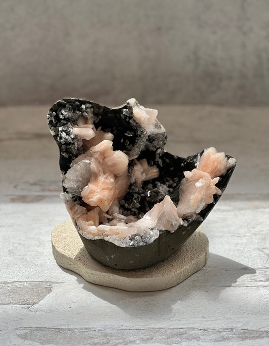Pink Heulandite with Black Apophyllite + Calcite- Compassion, Letting Go, Inner Truth, Rooting