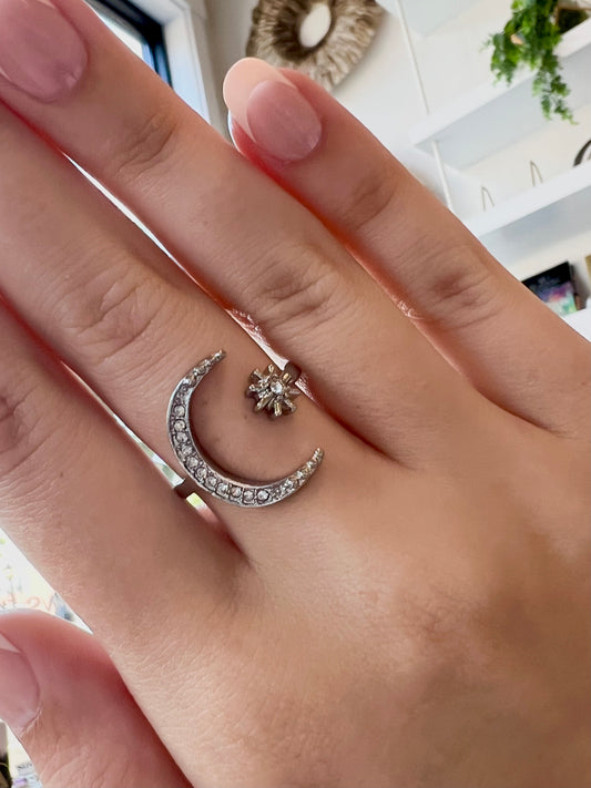 Adjustable Crescent Moon + Star Ring