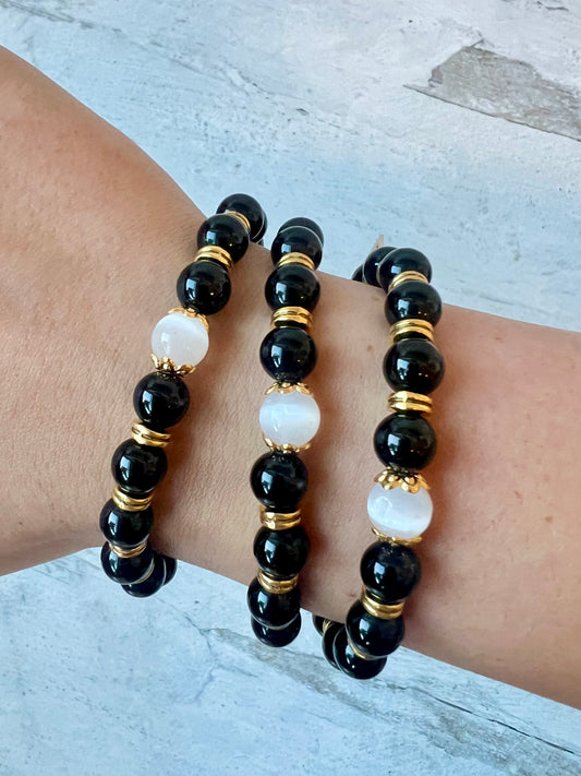 Gold Selenite + Black Obsidian Crystal Bracelet- Cleansing, Protective, Grounding