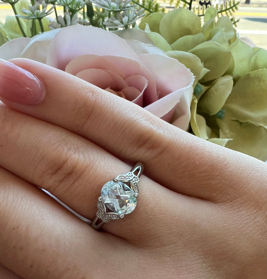 White Bronze Faceted Aquamarine Ring- Calming, Cooling, Peace, Inner Truth, Anti-Anxiety