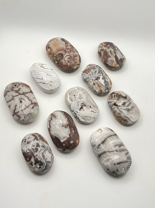 Mexican Lace Agate Palm Stones- Joy, Inner Peace, Creativity, Self Love