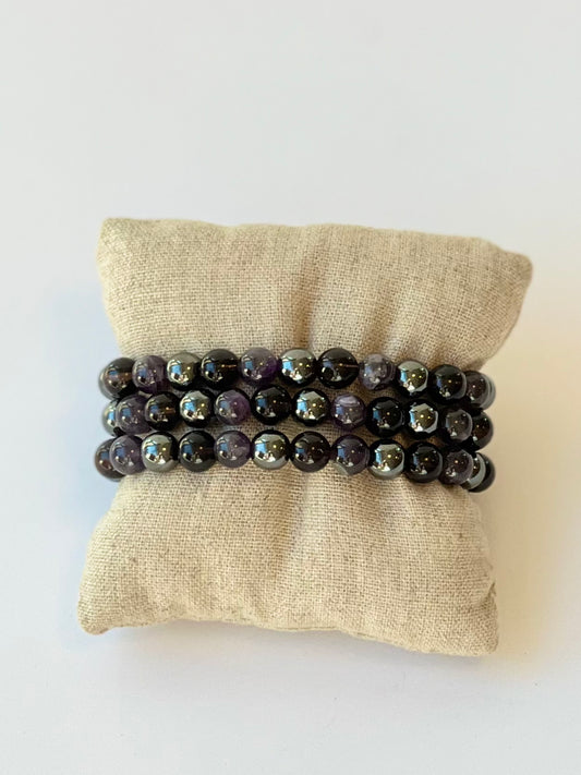 The Shield Crystal Bracelet (Amethyst, Hematite + Smoky Quartz Mix)