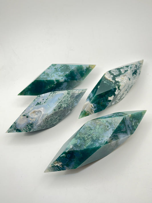 Moss Agate Prism Carvings- New Beginnings, Attracting Abundance, Growth, Immune Boosting, Anti-Inflammatory