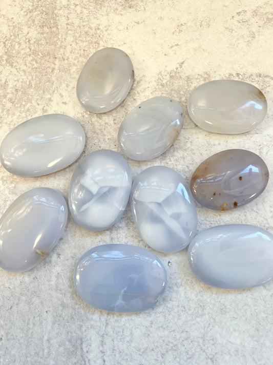 Blue Chalcedony Palm Stones- Calming, Alignment, Emotional Harmony, Tranquility