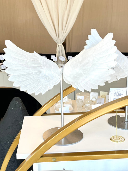 Large Selenite Crystal Wings on Stand- Cleansing, Clearing, Angelic Connection
