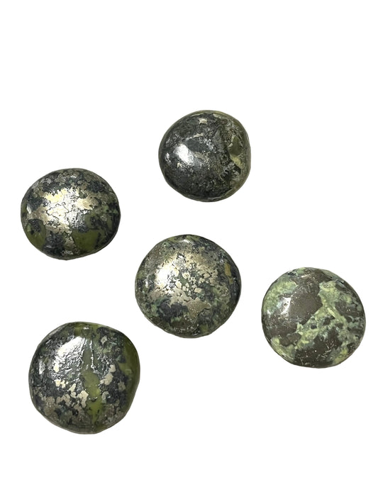 Mini Rare Serpentine Palm Stones with Pyrite Coins- Personal Power, Transformation, Energetic Protection, Growth