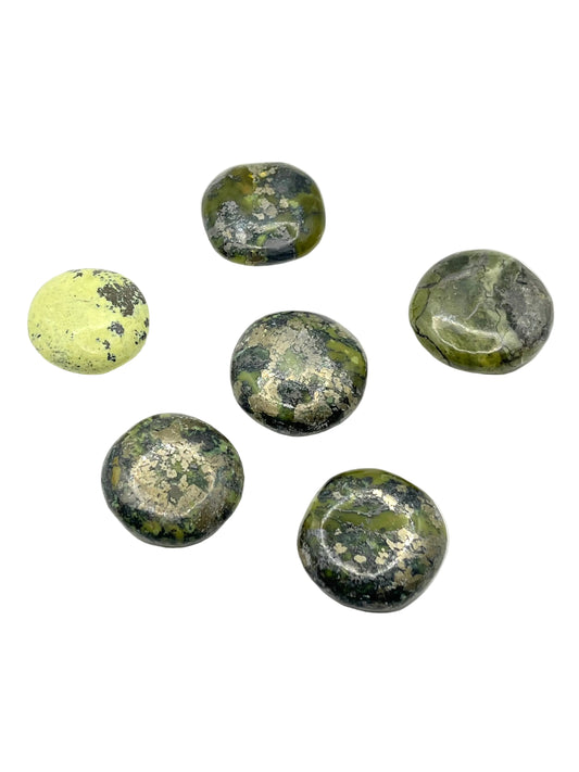 Mini Rare Serpentine Palm Stones with Pyrite Coins- Personal Power, Transformation, Energetic Protection, Growth