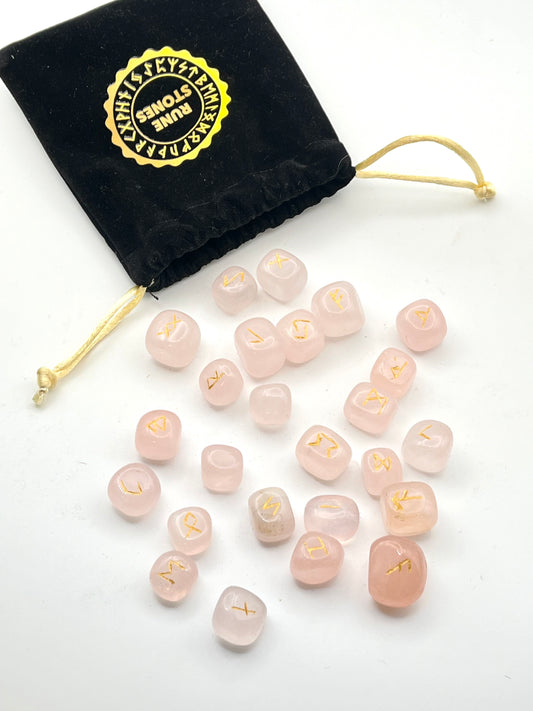 Rose Quartz Rune Set (Velvet Pouch + Grid Included)