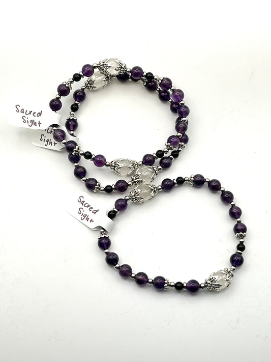 Sacred Sight Crystal Bracelet (Clear Quartz, Amethyst + Black Onyx)- Boundary Setting, Energetic Protection, Focus