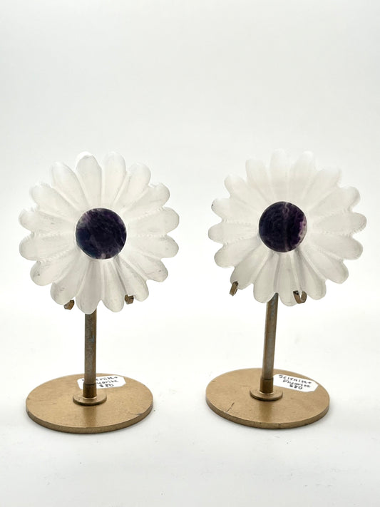 Selenite Daisy Carvings on Stand (Fluorite + Pink Opal)