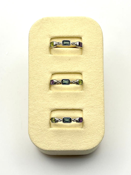 White Bronze Tri Crystal Rings (Topaz, Peridot + Amethyst)