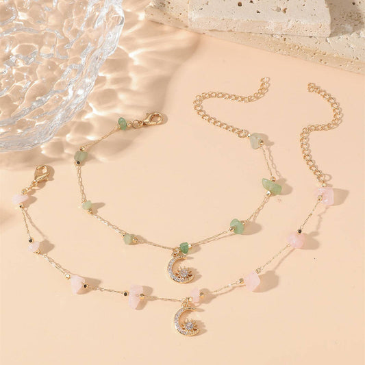 Gold Raw Green Aventurine Moon Anklet- Confidence, Growth, Motivation, Abundance, Heart Chakra