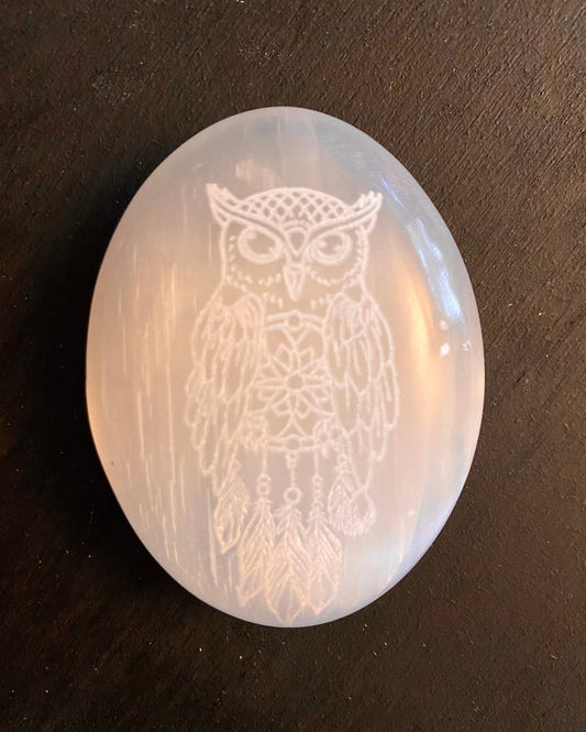 Engraved Selenite Owl