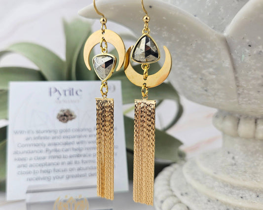 Gold Mismatched Pyrite Moon Tassel Earrings- Manifesting, Abundance, Wealth, Prosperity